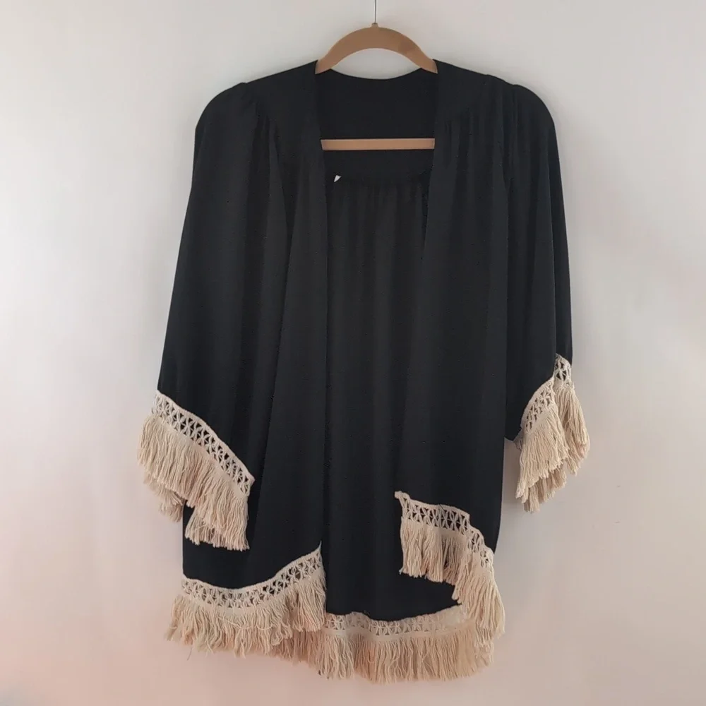 Elegant Black Fringe Kimono Up to Size Large